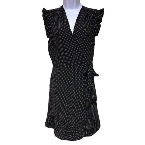 Monteau Women's Dress Black White Polka Dot Wrap Ruffle V-neck Cap Sleeve  XL - Picture 1 of 7
